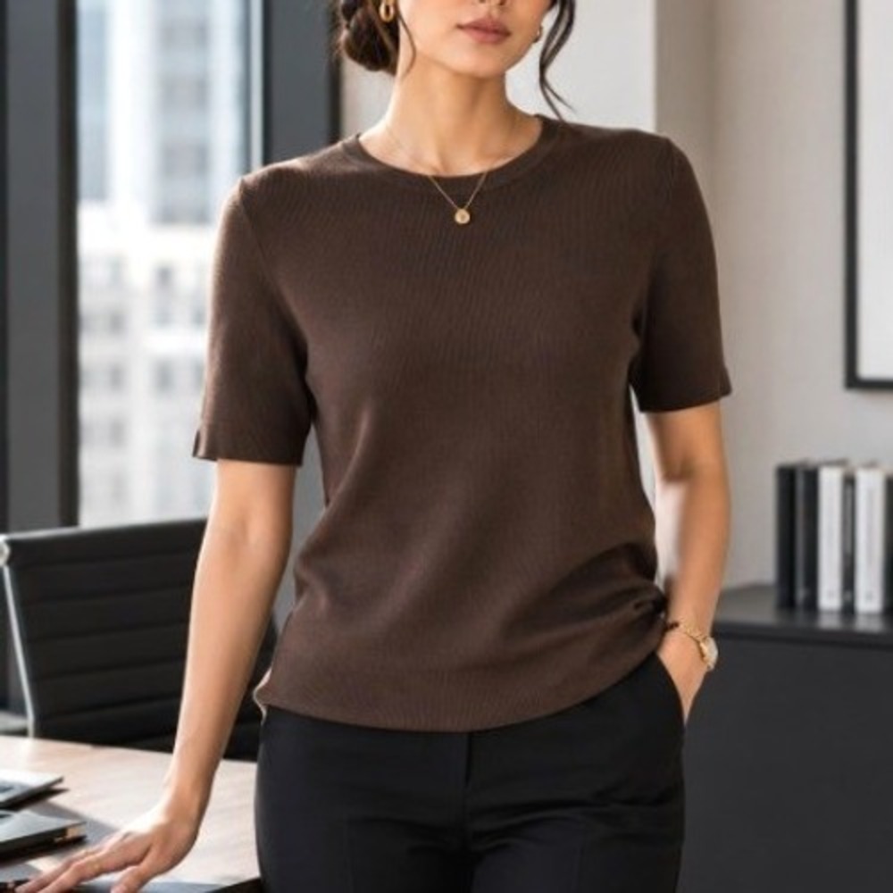 Escada Margaretha Ley Sable Brown Crewneck Minimalist Fitted Knit Sweater 42 / 8